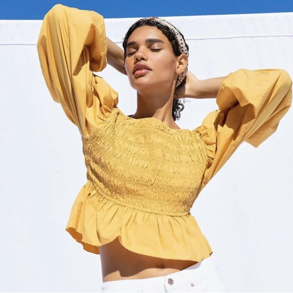 Free People Whoa Yellow Smocked Poplin Off The Shoulder Top size M - Picture 1 of 13